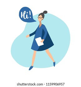 Vector flat illustration of walking girl with speech bubbles in minimalist style. Woman speaking Hi. Used for social networks, users app.
