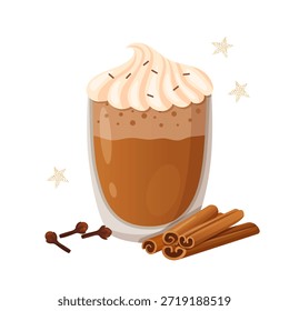 Vector Flat Illustration of Warm Beverage in Glass Cup with Whipped Cream, Chocolate Sprinkles, Cinnamon Sticks and Whole Cloves, Cozy Winter Drink Concept.