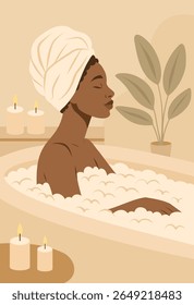 Vector flat illustration in warm palette, afro woman relaxing in a warm bath with foam and candles. Atmosphere of coziness, relaxation and self-care. For women's health and cosmetology projects