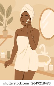 Vector flat illustration in warm palette, dark-skinned woman applying cream on her face in bathroom after shower. Self-care, daily routine, relaxation. For women's health and cosmetology projects
