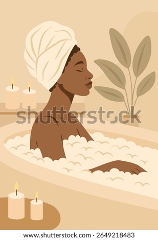Vector flat illustration in warm palette, afro woman relaxing in a warm bath with foam and candles. Atmosphere of coziness, relaxation and self-care. For women's health and cosmetology projects