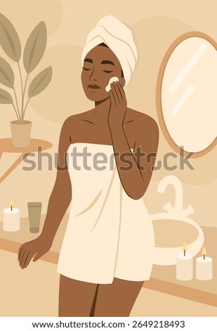 Vector flat illustration in warm palette, dark-skinned woman applying cream on her face in bathroom after shower. Self-care, daily routine, relaxation. For women's health and cosmetology projects