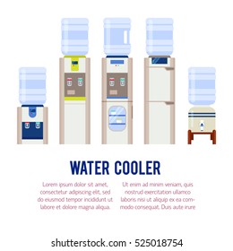 Vector flat illustration with water cooler and bottle. Modern template illustration. Banner or flyer template with with place for text.