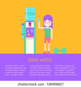 Vector flat illustration with water cooler and bottle. Modern template illustration. Banner or flyer template with with place for text.
