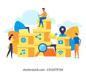 Vector flat illustration for web page or banner. People with social media files, boxes, documents in a folder, safe savings, happy employees