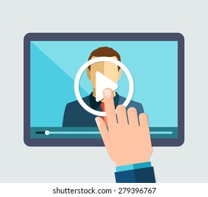 Vector Flat Illustration Of Webinar, Online Conference, Lectures And Training In Internet.