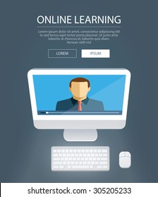 Vector flat illustration of webinar, online conference, online learning, lectures and training in internet.