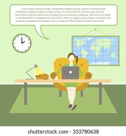 Vector flat illustration of webinar, online conference, lectures and training in internet. Mobile education by laptop. Woman with laptop at home. Vector illustration