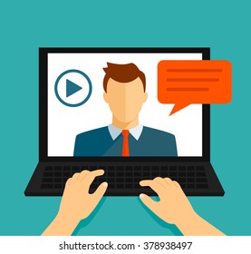 Vector flat illustration of webinar, online conference, lectures and training in internet.  flat vector illustration isolated