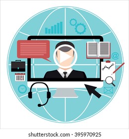 Vector flat illustration of webinar, on-line conference, lectures and training in internet. Business people and digital marketing. Internet marketing.