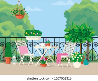 Vector flat illustration. White garden furniture on the balcony decorated with pots of flowers.