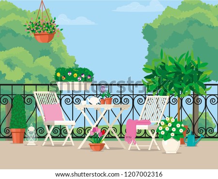 Vector flat illustration. White garden furniture on the balcony decorated with pots of flowers.