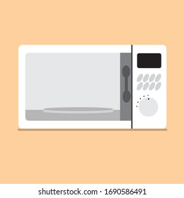 Ilustración plana vectorial de un horno microondas blanco, aislado en fondo marrón claro