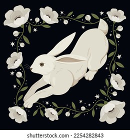 Vector flat illustration white running rabbit on dark background with floral frame