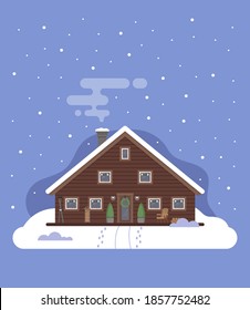 Vector flat illustration with white snowy winter Christmas landscape and country house in the snowing woods. Suburban houses covered snow. Free space for your text. Christmas greeting card or poster.