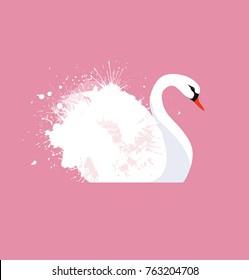 Vector flat illustration of a white swan with watercolor splashes. Vector element for your creativity