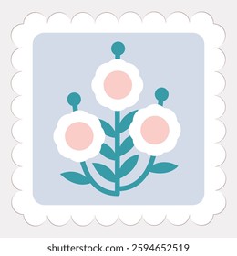 Ilustração plana vetorial com flores silvestres brancas em um delicado quadro de rendas, design botânico pastel minimalista para cartões de saudação, convites, embalagem, papelaria, adesivos, selo postal