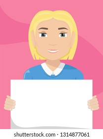 Vector flat illustration of a white woman with a placard in her hands. Racial diversity.