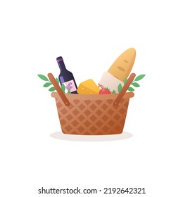 vector flat illustration, wicker picnic basket with food and wine on white isolated background. a set of products for a picnic in the park or camping. the concept of outdoor recreation in the forest
