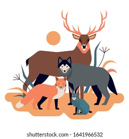 Vector flat illustration of wild animals in forest, white background. Deer, wolf, fox, hare.