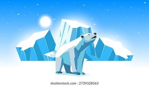 Vector flat illustration of wild polar bear standing. Icebergs snow cold white sun and aurora. North Pole Greenland Russian Arctic or Canadian archipelago, frosty tundra