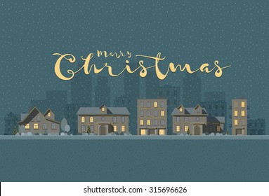 Vector flat illustration of winter city in Christmas time. Elements are layered separately in vector file. Easy editable. 