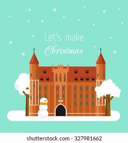 Vector flat illustration with winter city landscape. It's Christmas time.