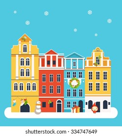 Vector flat illustration with winter city landscape. It's Christmas time.