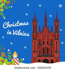 Vector flat illustration with winter city. Christmas in Vilnius.