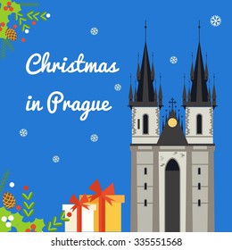 Vector flat illustration with winter city. Christmas in Prague.
