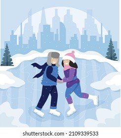 vector flat illustration winter day and couple in love on skating ring ice skating