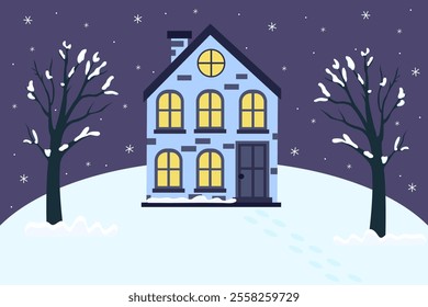 Vector flat illustration of winter house and trees. Snowfall and winter tree decorations. Flat design style. Winter season and christmas concept