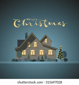 Vector flat illustration of winter house in Christmas time. Elements are layered separately in vector file. Easy editable. 