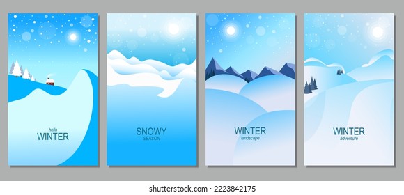 Vektorgrafik der Winterlandschaft. Schneereifer Winter, Schneeflocke, Schneefall, Berge. Design-Elemente für Poster, Buchcover, Broschüre, Magazin, Flyer, Broschüre.