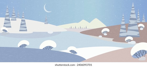 Vector flat illustration. Winter landscape. A forest fairy tale with snow-covered hills, Christmas trees and bushes. Ideal as a banner, wallpaper and for textile design.