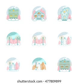 Vector flat illustration of winter landscape. Winter flat houses, home, cottage, forest, mountains, snowman, street lamp, pine, Christmas tree, snow, snowflakes. Tender colors, white background