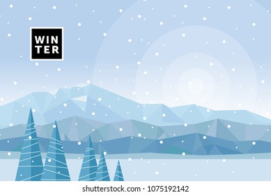 vector flat illustration of winter, mountain forest landscape with Christmas trees, sun and snow, abstract background of geometric shapes and triangles