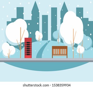 Vector Flat Illustration of Winter Season. In the park in the middle of the city.