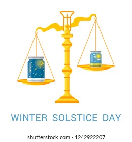 Vector flat illustration of winter solstice. Design concept with scales of justice and jars symbolizing the shortest period of daylight and the longest night of the year.