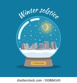 Vector Flat Illustration Of Winter Solstice. Snowball With Stonehenge.	
