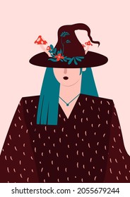 Vector flat illustration of witch in hat. Magical esoteric print for card, merch and posters.