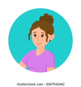 Vector flat illustration of woman avatar. Beautiful curly brunette. 