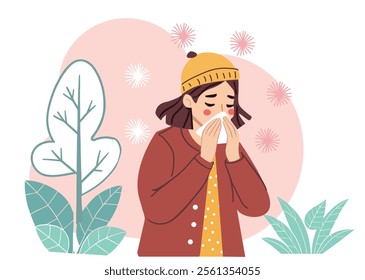 vector flat illustration of a woman blowing her nose while sneezing, on the theme of seasonal allergies or cold, a young girl blows her nose into a handkerchief. The concept of health. 