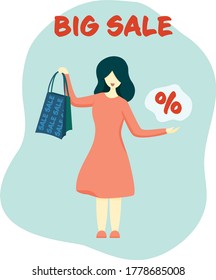 Vector flat illustration. Woman carrying bags with purchases. Big sale lettering. Concept of shopping addiction, shopaholic behavior. Discount in hand of shopaholic.