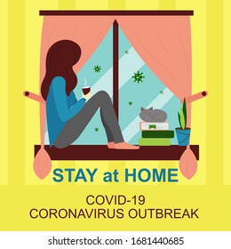 Vector flat illustration. Woman with cat staying at home in self quarantine, protection from virus. Coronavirus outbreak concept. Girl is sitting on the windowsill and viruses outside the window. 
