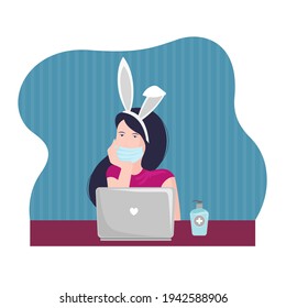 Vector flat illustration woman celebrate Easter 2021 online with laptop. She have bunny ears and sanitizer. Chatting or speaking.