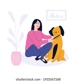 Vector flat illustration with woman combing dog. Home pet care. Dog grooming