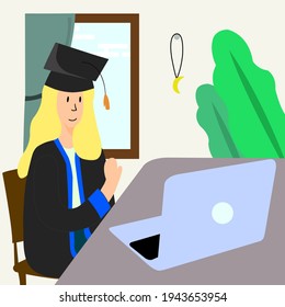 Vector flat illustration of a woman doing an online graduate at home on her laptop. For backgrounds, templates and more.