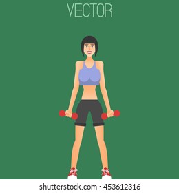 Vector flat illustration of woman doing exercises. Slim girl with red dumbbells. Beautiful smiling face. Blue T-shirt, black athletic shorts and red gym shoes. Fitness and sport.