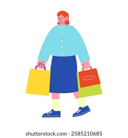 Vector flat illustration of a woman enjoying shopping. People walking with many paper bags.